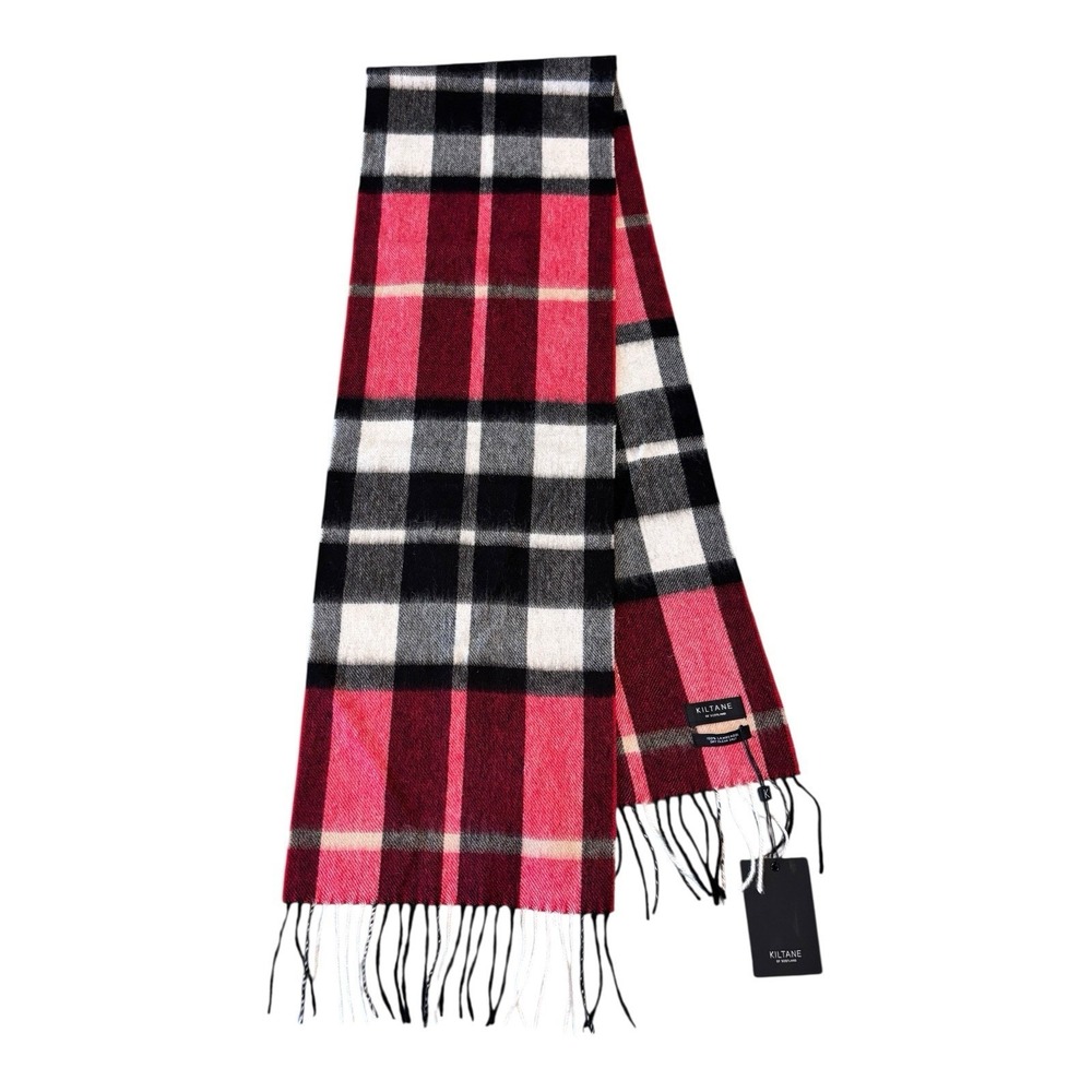 Kiltane Scotland Luxe Scarf Lambswool Plaid Red Black White Fringed  72x10 NWT